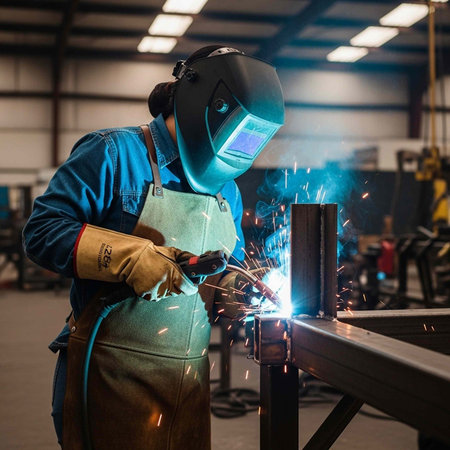Woman in welding gear working on metal in a factory with sparks flying everywhere