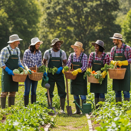 Six people wearing aprons and hats holding baskets of vegetables in a garden with trees in the background.の写真素材