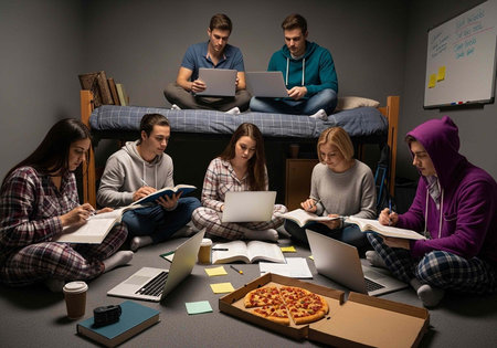 Group of young adults sitting on floor and bunk beds with laptops and books