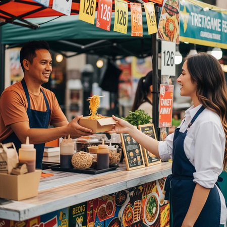 Vendor and customer exchanging food at market stall with aprons, noodles, and condiments on displayの写真素材