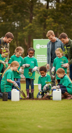 Group of kids and adults wearing green shirts planting trees with shovels and watering cans outsideの写真素材
