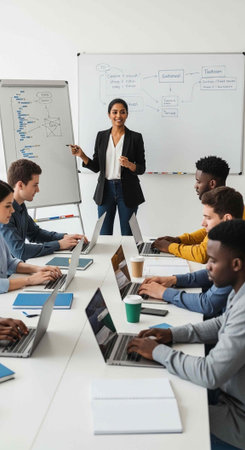 Woman presents to group of people sitting at table with laptops and notebooks in office