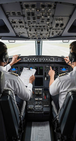 Pilots in white shirts and headsets operate aircraft controls and instruments