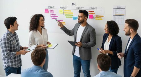 Group of people discussing and planning with colorful sticky notes on a whiteboard