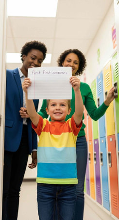 Diverse teachers and student in school hallway with lockers, holding sign and smiling.の写真素材