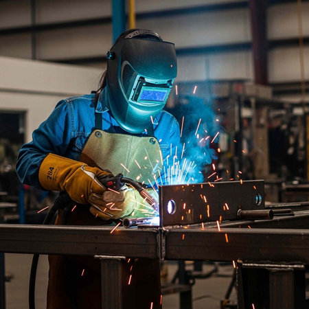 Person wearing welding helmet and gloves working on metal piece with sparks
