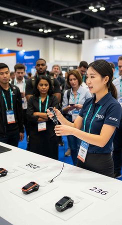 Woman in blue shirt presenting to a crowd of people at an exhibition or conference