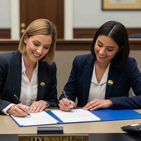 Two women in professional attire with rainbow pins signing papers at a desk with a blue folder.