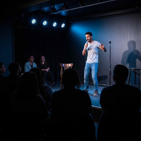Man speaking into microphone on stage with spotlight, audience, and stool in a dark comedy club