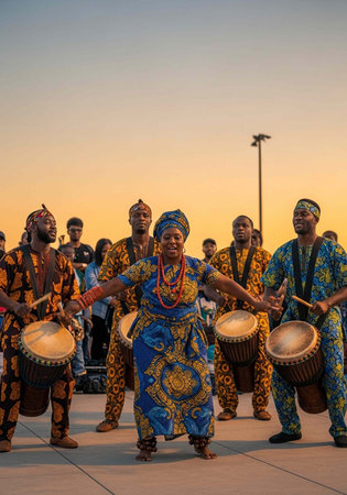 Group of people wearing traditional African clothing playing drums and dancing outdoors at sunset