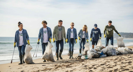 People in casual clothes and gloves collecting garbage on sandy beach by the ocean
