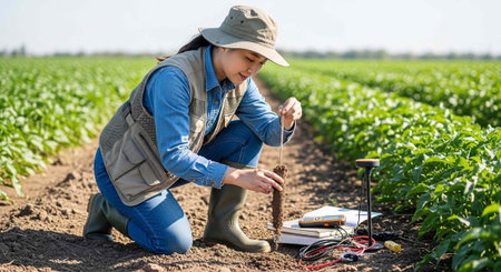 Female scientist crouching in a green field, inspecting soil with tools and notebook nearby