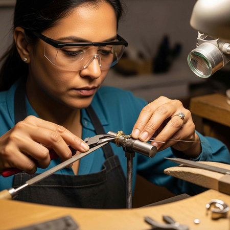 Female artisan crafting jewelry with pliers, wire, and magnifying lamp in a workshop setting