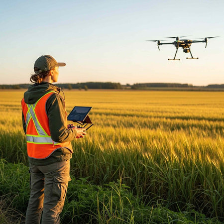 Woman in safety vest controls drone flying over a golden wheat field at dusk