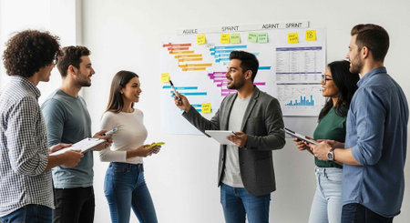 Group of six people discussing and planning with markers, papers, and colorful sticky notes on a whiteboardの写真素材