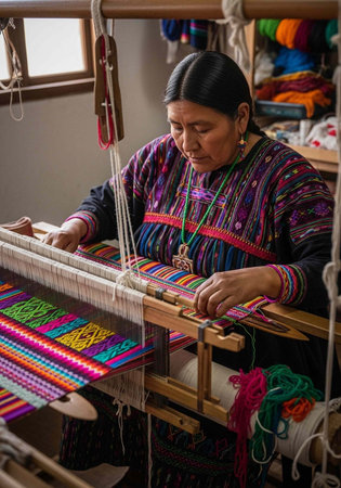 Woman in traditional clothing weaving on a loom with colorful yarns and threads.