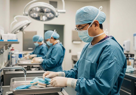 Healthcare workers in blue attire scrubbing medical tools in a sterile environmentの写真素材