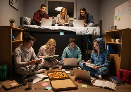 Group of students in pajamas studying and working on laptops in a shared dorm room with pizzaの写真素材