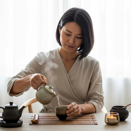 Woman in beige robe pouring tea from teapot into cup on table with candles and teapots