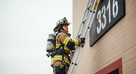 Firefighter in uniform and helmet climbing ladder on beige building with black sign