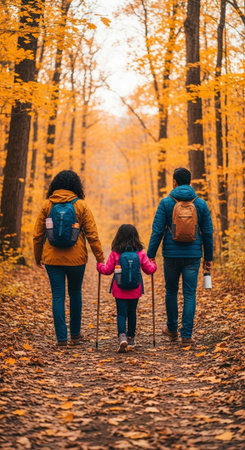 Three people walking hand in hand on a forest path surrounded by yellow trees and fallen leaves