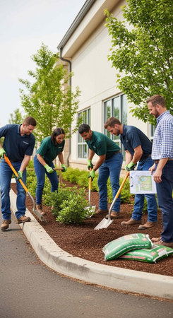 Group of gardeners planting a flower bed in the backyard of their house