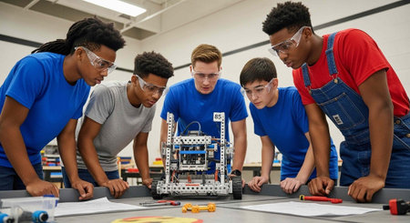 High angle view of teacher and students using robotic arm at robotics school