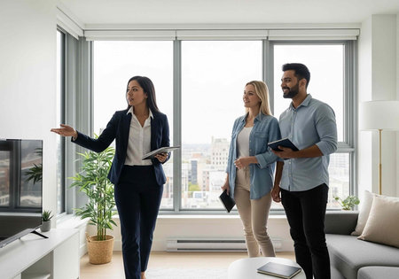 Group of business people standing in modern office, talking and smiling.