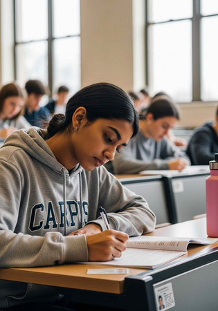 Young female student writing in notebook while sitting at the desk in classroom