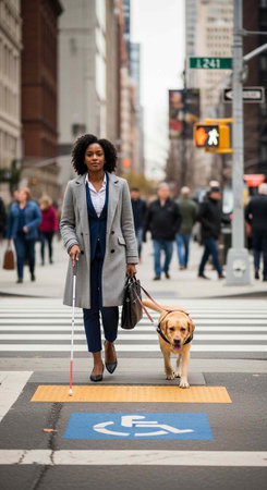 Young african american woman walking with her dog on crosswalk