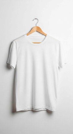 A plain white t-shirt hangs on a wooden hanger against a white wall background.