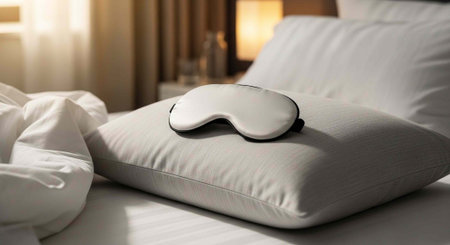 A white sleep mask rests on a pillow in a serene bedroom setting with soft focus backgroundの写真素材