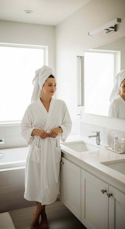 Woman in white robe and towel standing by bathroom sink with mirror and window in background