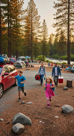Family of four walking in a forest with luggage and coolers towards their campsite