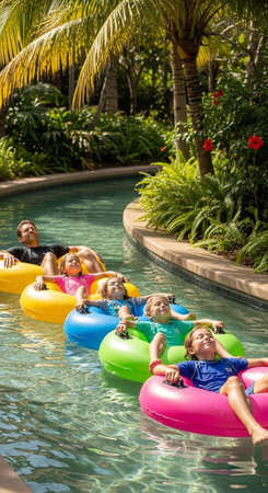 A family of five floats on vibrant tubes in a serene tropical waterway surrounded by lush greenery