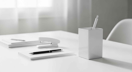 A clean and organized workspace with white desk, stationery, and pen holder in a bright room