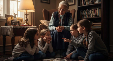 Heartwarming scene of a senior woman engaging kids in storytelling on the floorの写真素材