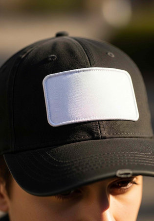 Person's face partially visible, wearing black cap with white blank patch on front