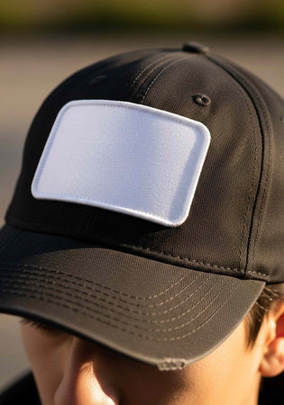 Black baseball cap with white blank patch on front, worn by person with short hair
