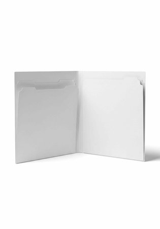 A white booklet lies open, showing two blank pages on a plain white background