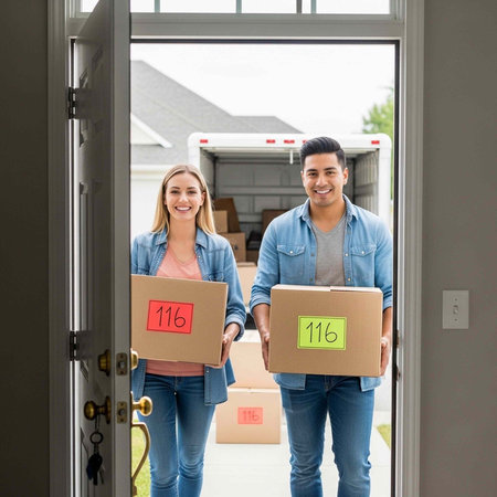 Portrait of happy couple holding boxes in front of door at homeの写真素材
