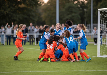 Group of young female soccer players in blue and orange uniforms celebrating on a green field