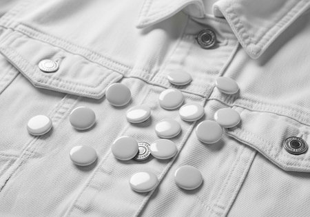White buttons on a light denim fabric backgroundの写真素材