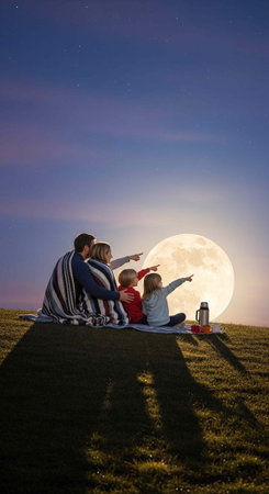 Family of four sitting on blanket pointing at large full moon in evening sky