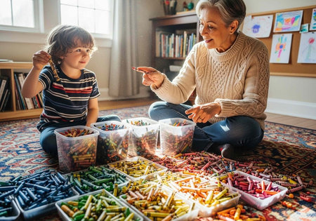 Woman and child engaged in creative activity with crayons and art supplies on a colorful rugの写真素材