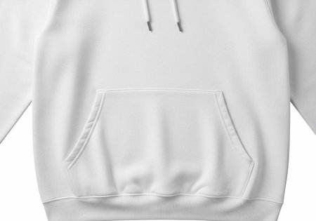 White hoodie with a kangaroo pocket and drawstrings on a plain white backgroundの写真素材