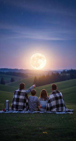 Four people sit on blankets, gazing at a full moon rising over rolling hills and trees