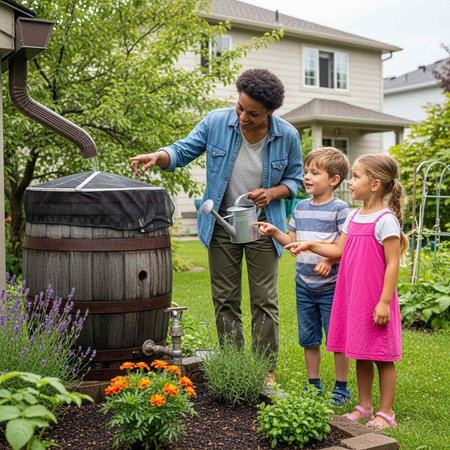 Man and two children standing near rain barrel with watering can in garden