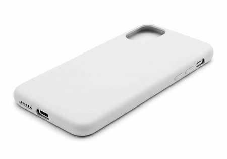 A white portable device with a smooth surface on a plain backgroundの写真素材