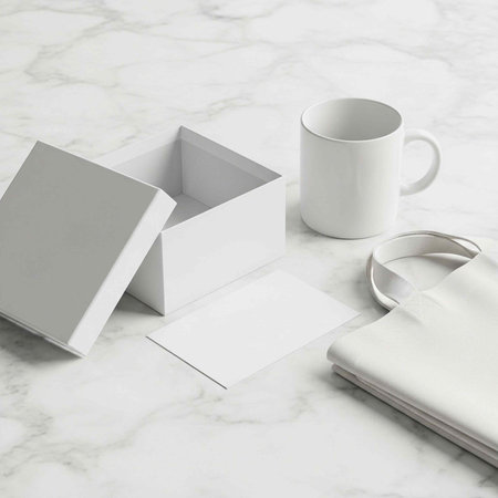 White box, mug, cards, and paper on marble table, minimalistic setup